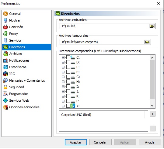 emule configuracion directorios
