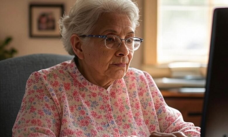 abuelita usando el ordenador buscando como escribir