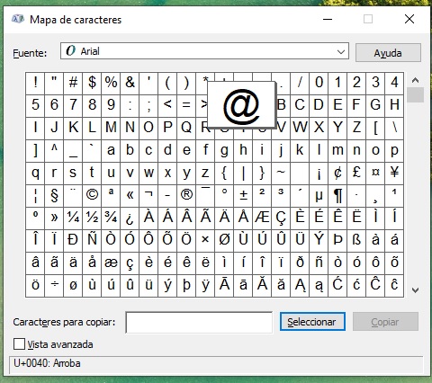 arroba mapa caracteres